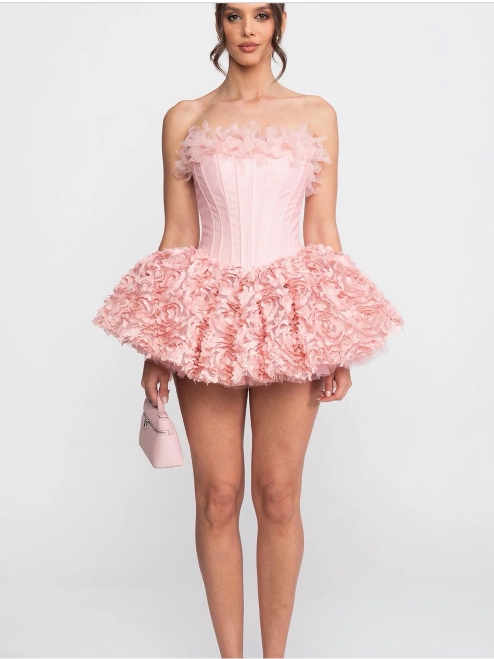 Strapless Pink Ruffled Tulle Prom Dress